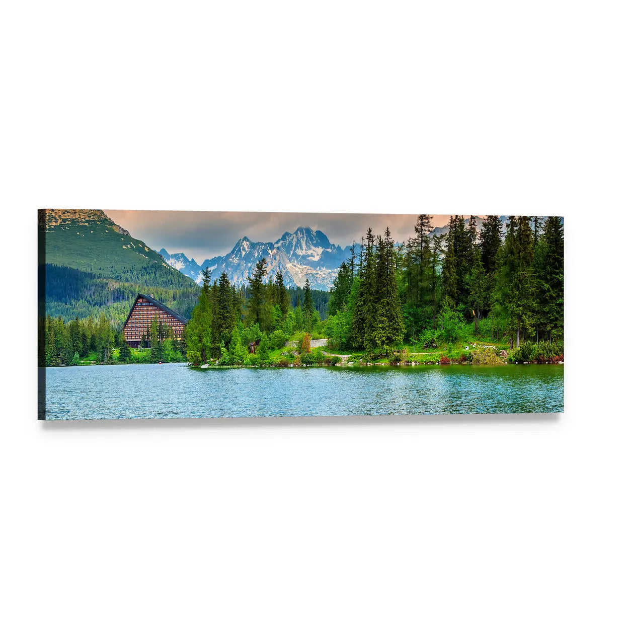 Mountain Lake with A-frame Lodge, Slovakia Panoramic Canvas Wall Art, single panel gallery wrapped canvas, angled product view