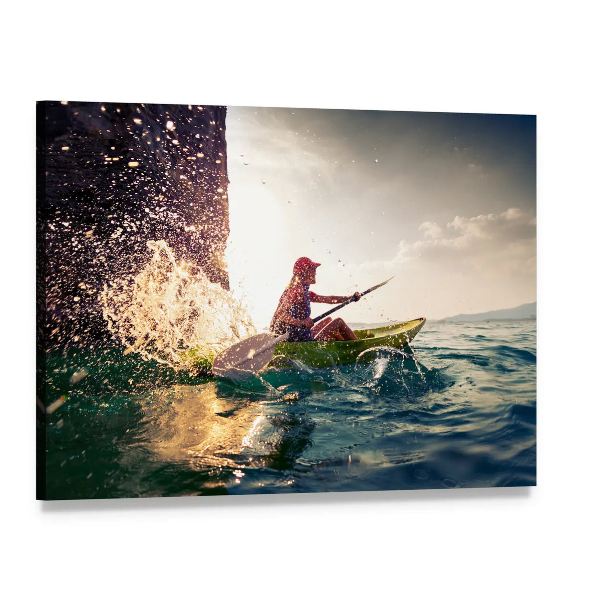 Woman in Green Kayak by Cliff Canvas Wall Art, single panel gallery wrapped canvas, angled product view