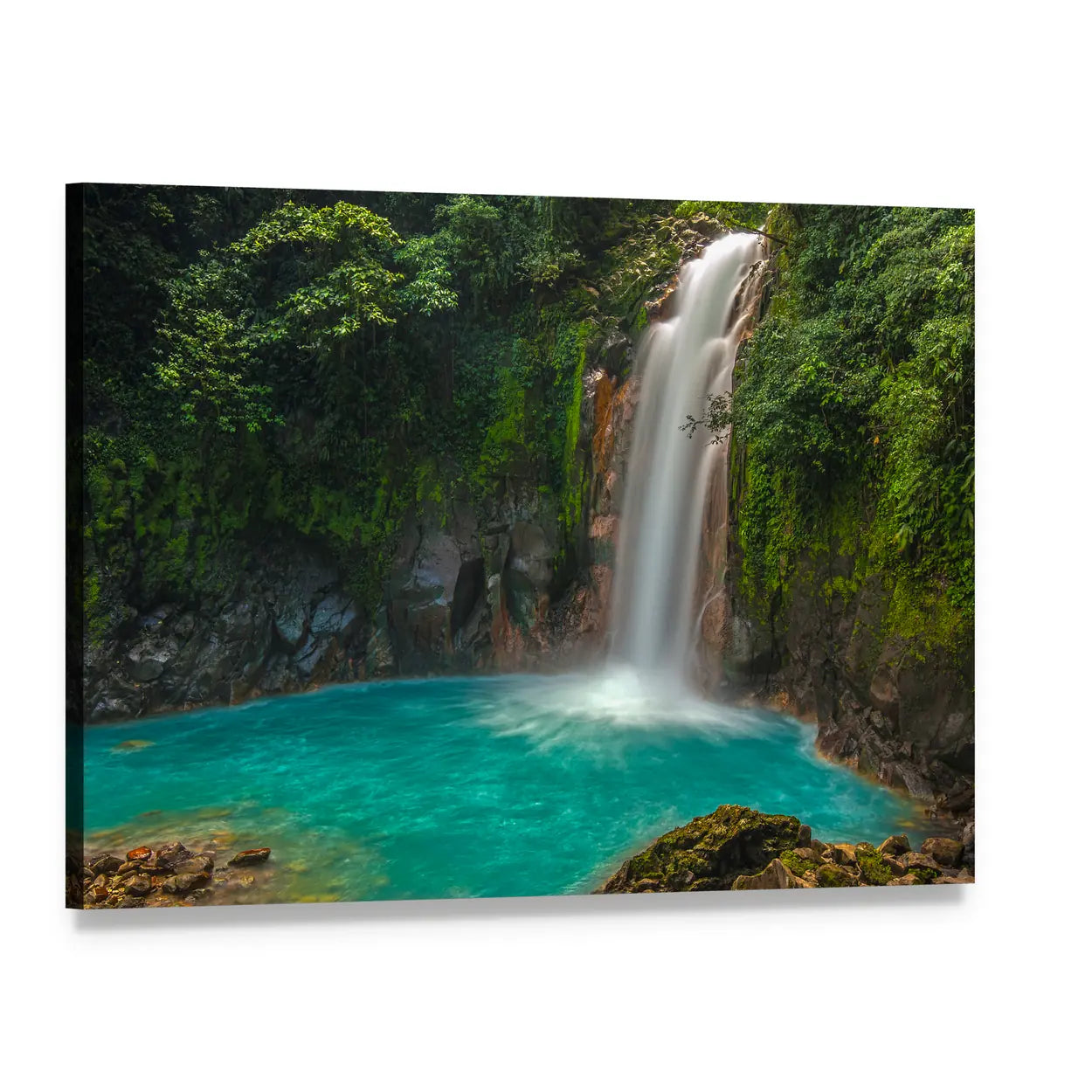 Rio Celeste Turquoise Waterfall Canvas Wall Art, single panel gallery wrapped canvas, angled product view