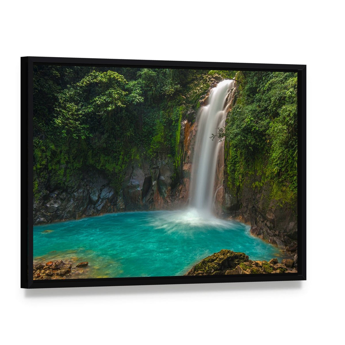 Rio Celeste Waterfall Costa Rica Canvas Wall Art, framed canvas in a black floater frame, angled product view