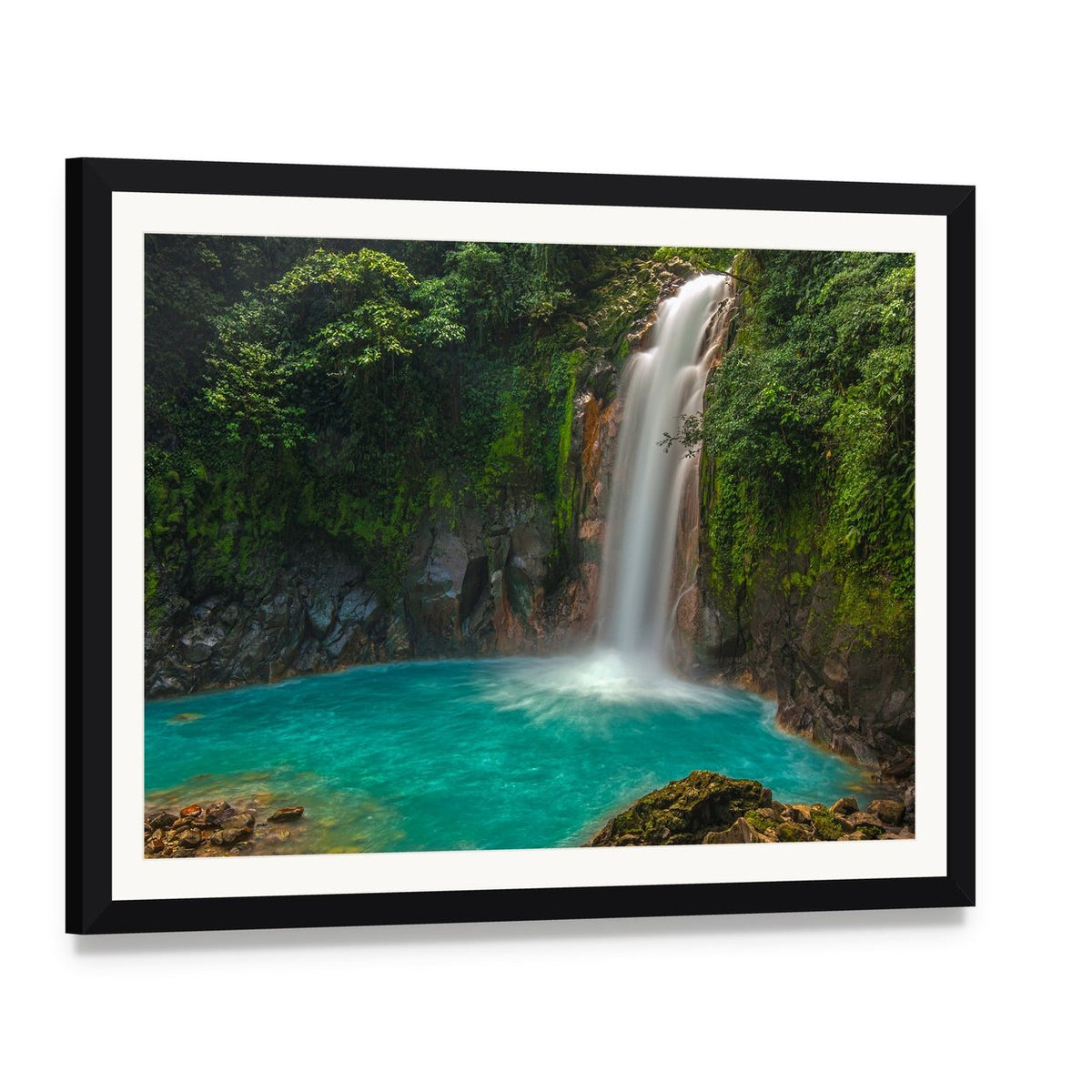 Rio Celeste Waterfall Costa Rica Canvas Wall Art, framed print with white mat and black frame, angled product view