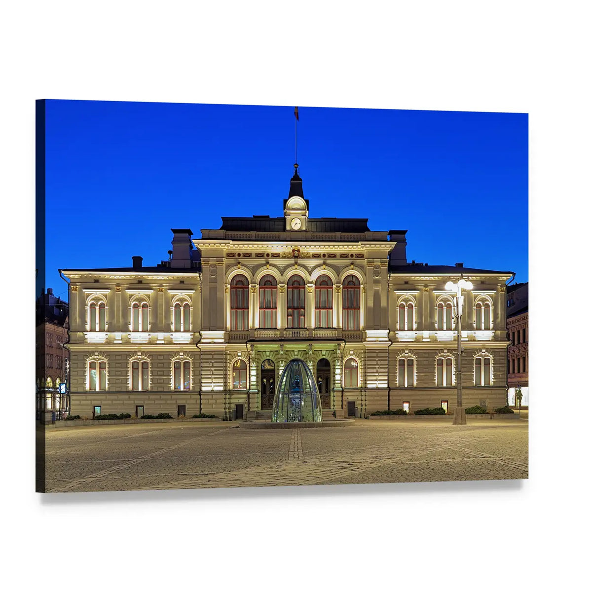 Illuminated City Hall with Fountain Canvas Wall Art, single panel gallery wrapped canvas, angled product view