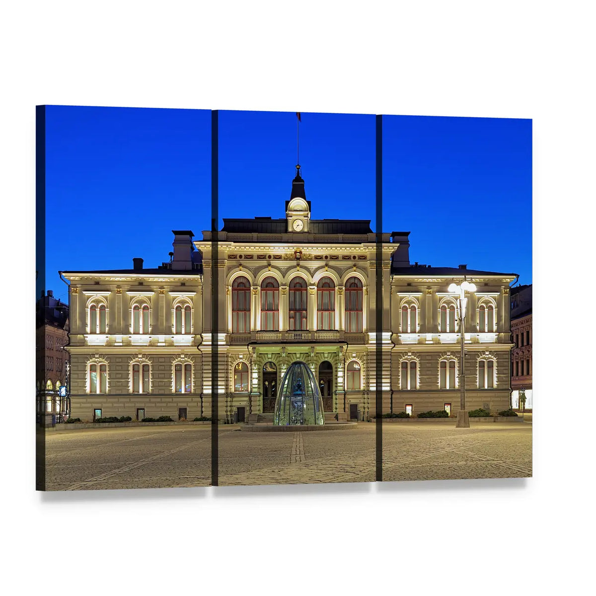 Illuminated City Hall with Fountain Canvas Wall Art, 3 panel 3 Horizontal layout gallery wrapped canvas set, angled product view