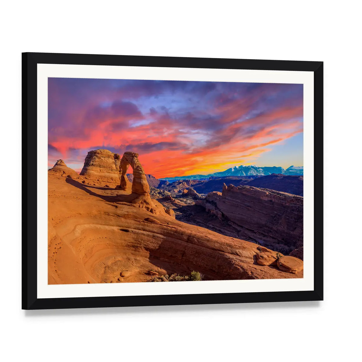 Sunset Over Delicate Arch, Arches National Park Canvas Wall Art, framed print with white mat and black frame, angled product view