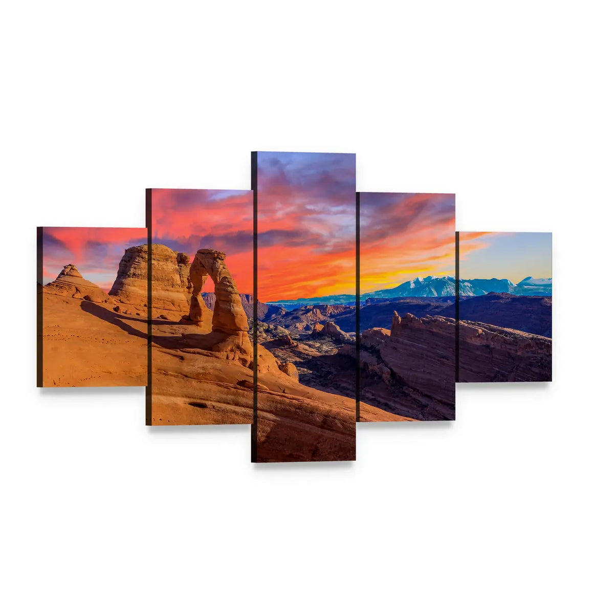 Sunset Over Delicate Arch, Arches National Park Canvas Wall Art, 5 panel 5 Star layout gallery wrapped canvas set, angled product view