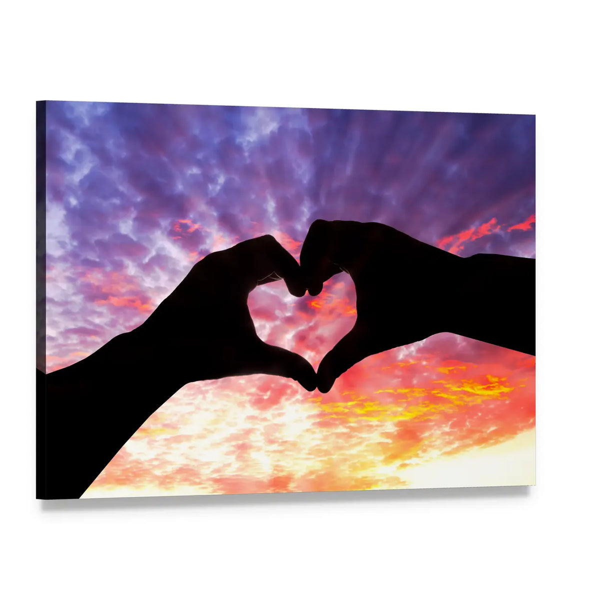 Hands Forming Heart Silhouette at Sunset Canvas Wall Art, single panel gallery wrapped canvas, angled product view