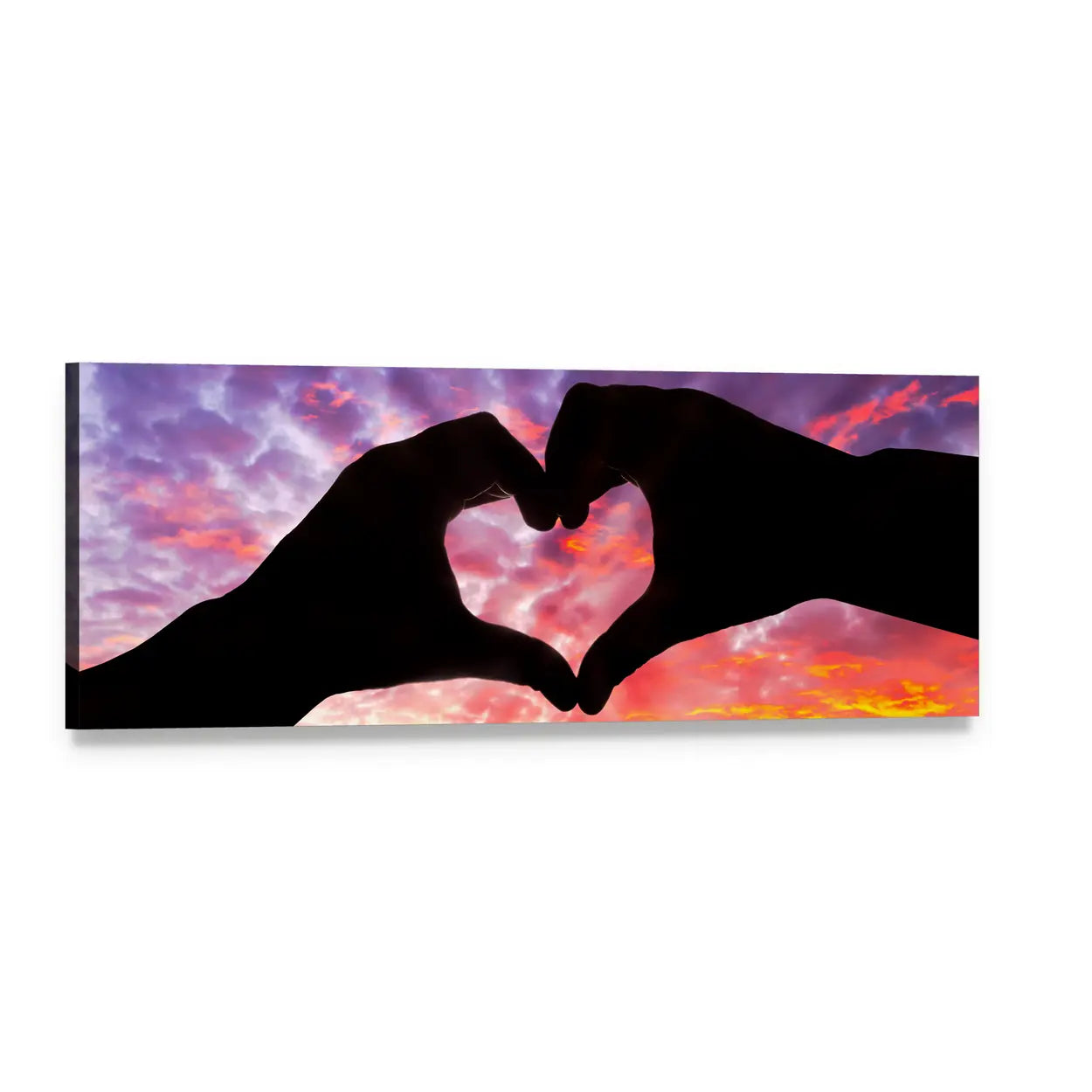 Hands Forming Heart Silhouette Panoramic Canvas Wall Art, single panel gallery wrapped canvas, angled product view