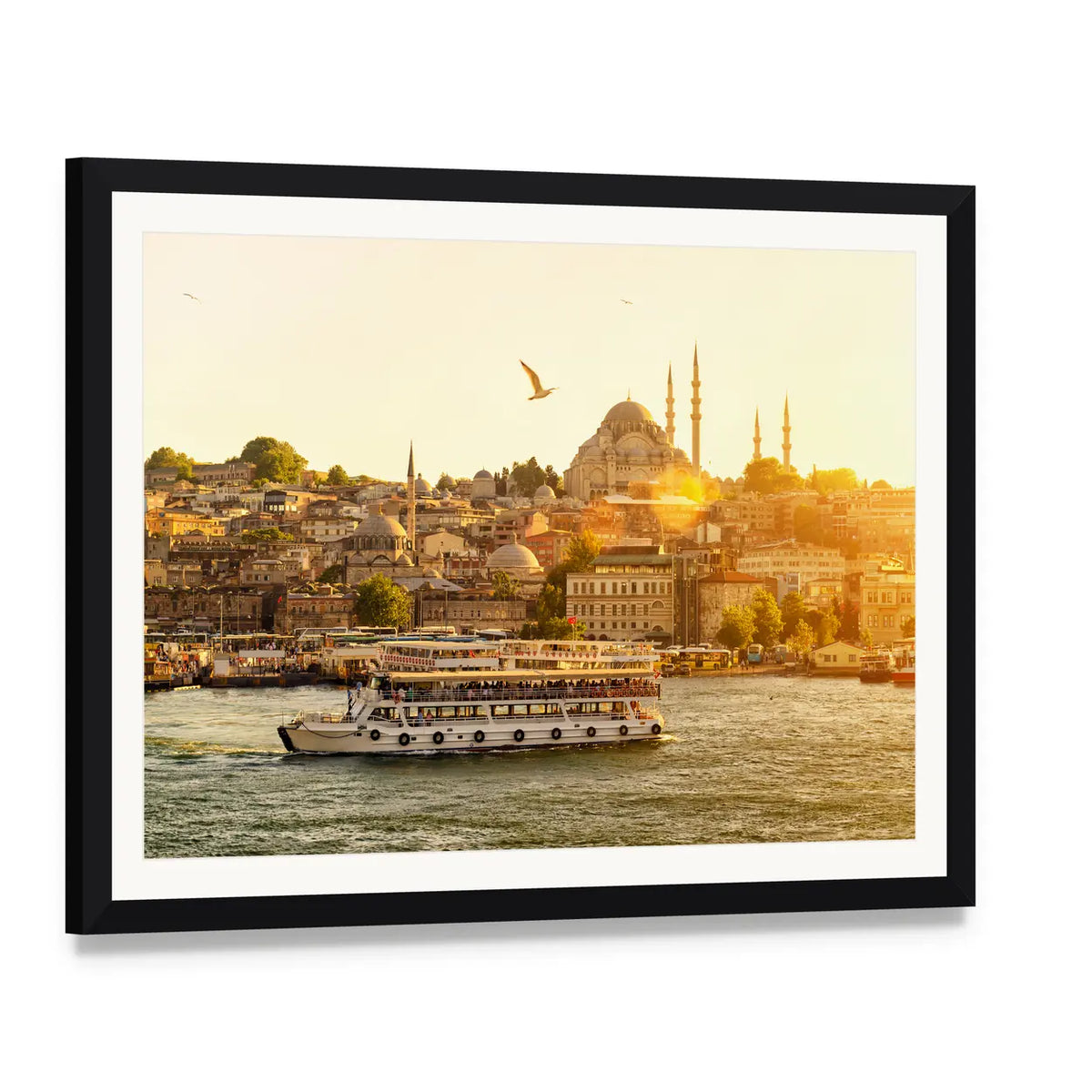 Istanbul at Sunset Canvas Wall Art, framed print with white mat and black frame, angled product view