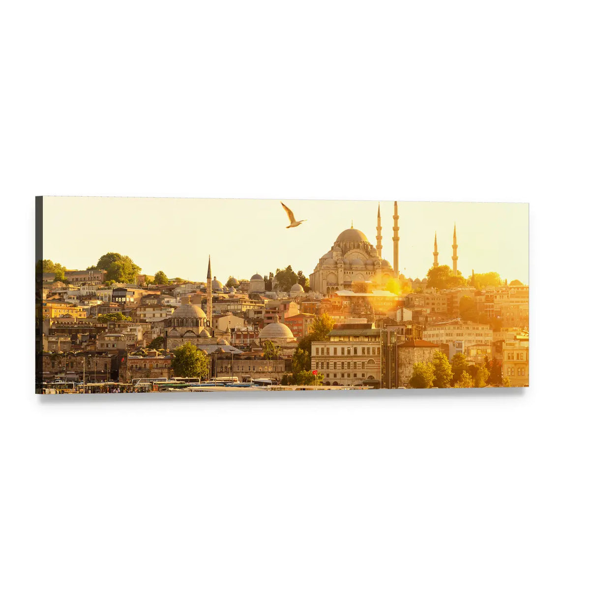 Istanbul Sunset Over Suleymaniye Mosque Panoramic Canvas Wall Art, single panel gallery wrapped canvas, angled product view