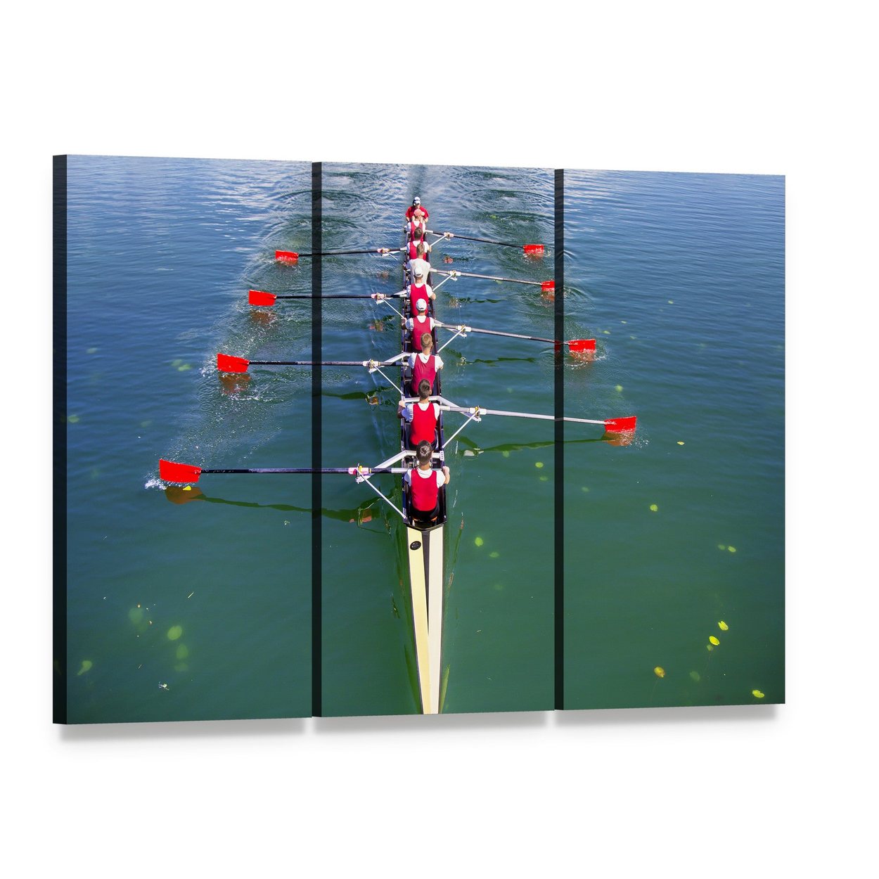 Eight Rowers Competing on Blue Water Canvas Wall Art, 3 panel 3 Horizontal layout gallery wrapped canvas set, angled product view
