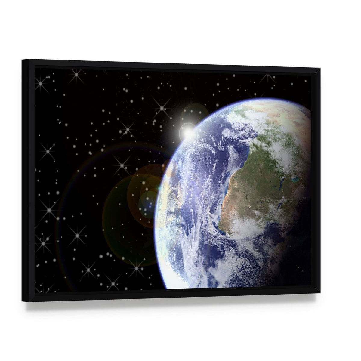 Sunrise from Space Canvas Wall Art, framed canvas in a black floater frame, angled product view