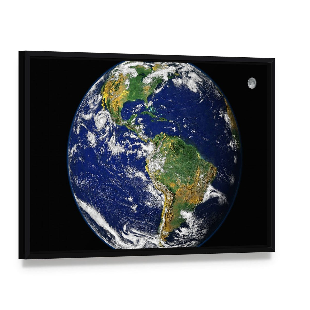 Earth and Moon from Space Canvas Wall Art, framed canvas in a black floater frame, angled product view