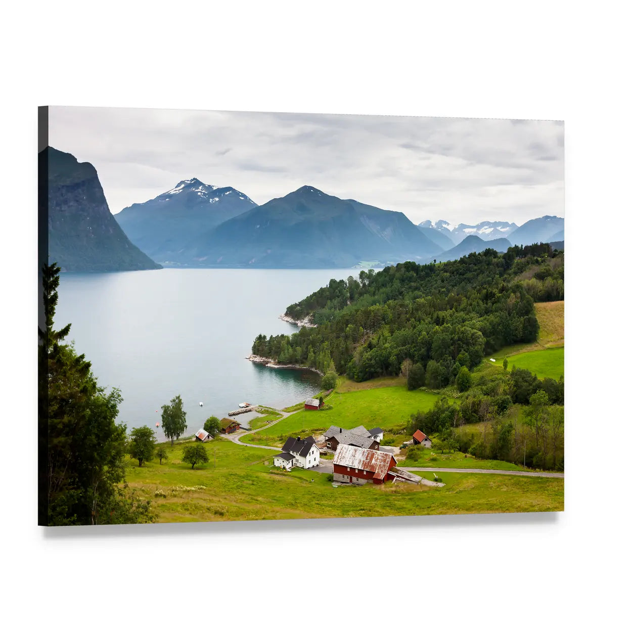 Norwegian Countryside with Red Farmhouses Canvas Wall Art, single panel gallery wrapped canvas, angled product view