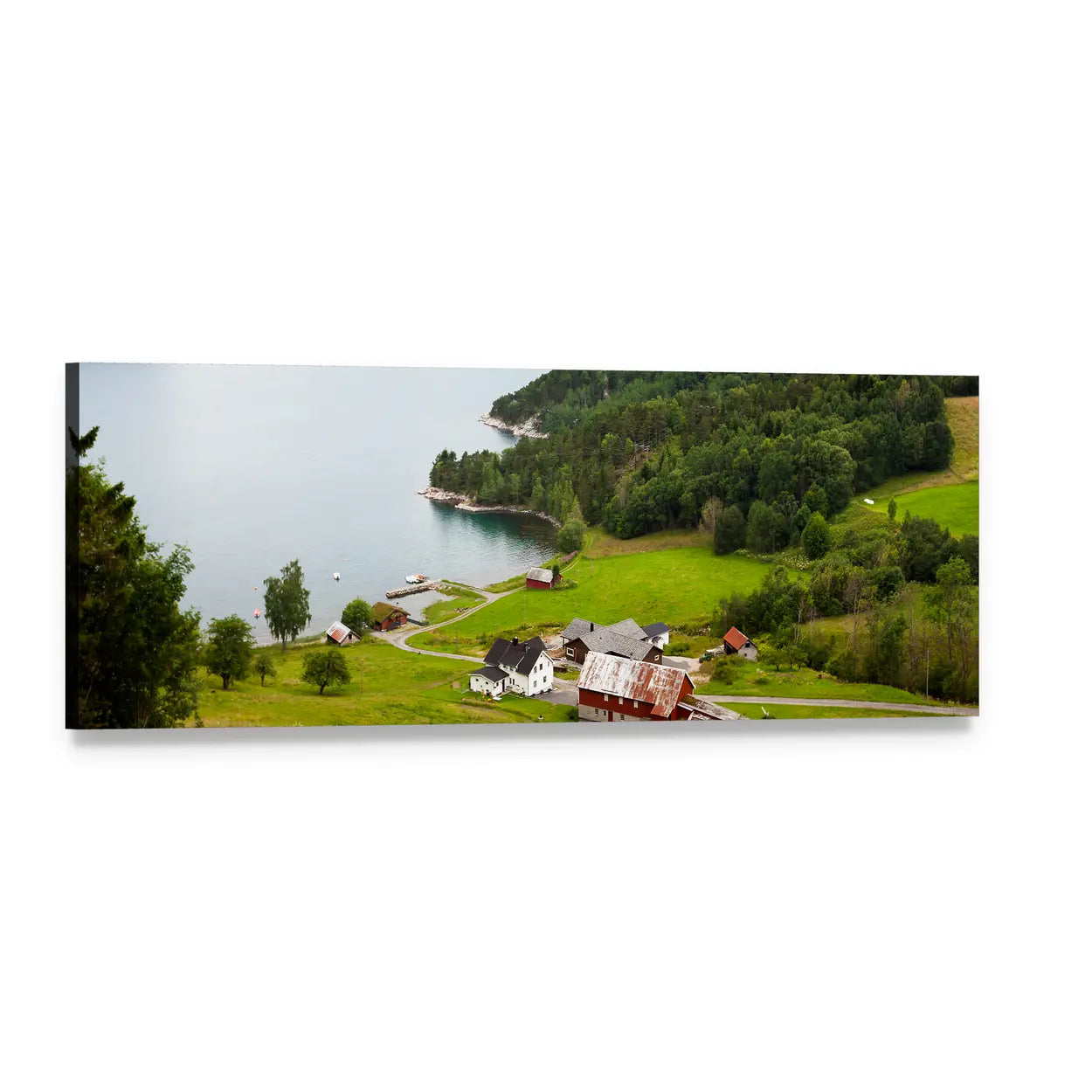 Norwegian Countryside Farm and Fjord Panoramic Canvas Wall Art, single panel gallery wrapped canvas, angled product view