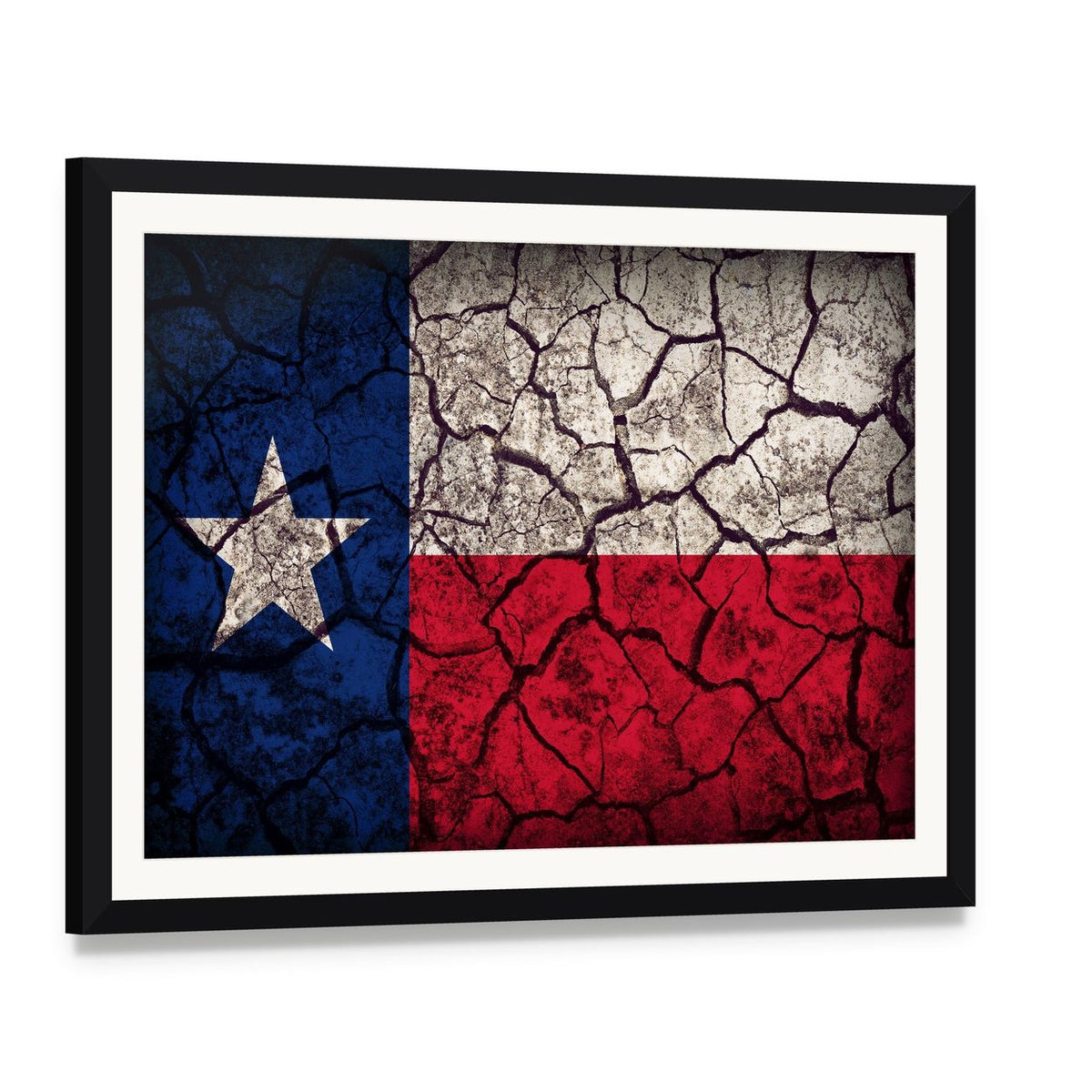 Weathered Texas Flag with Cracked Texture Canvas Wall Art, framed print with white mat and black frame, angled product view