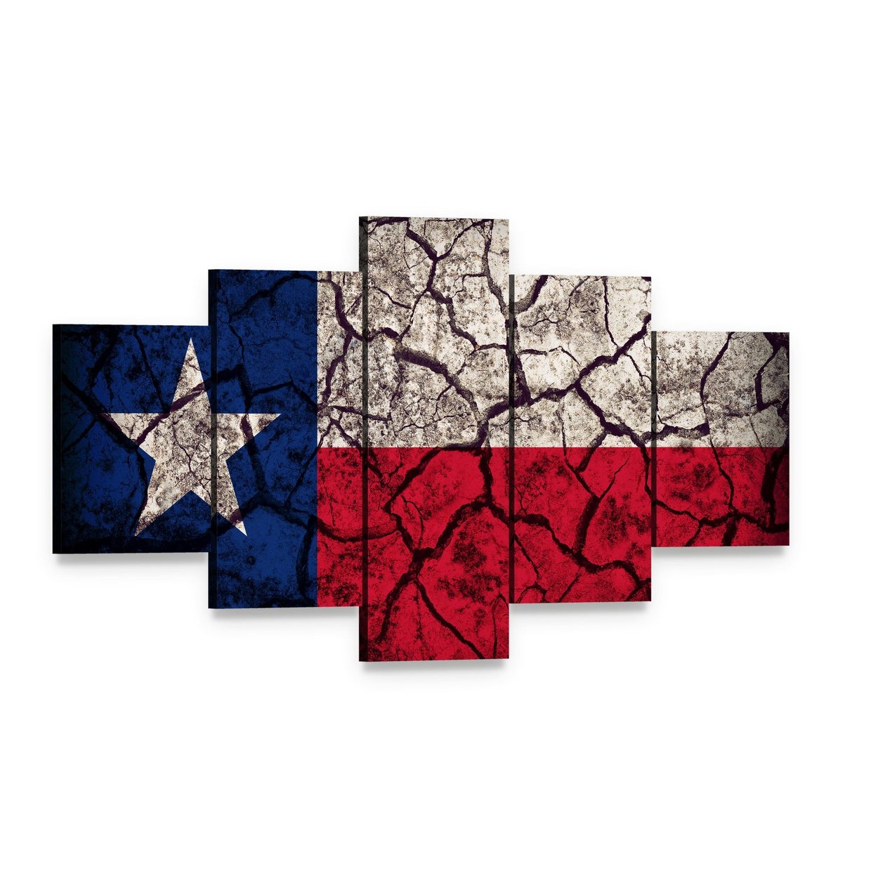 Weathered Texas Flag with Cracked Texture Canvas Wall Art, 5 panel 5 Star layout gallery wrapped canvas set, angled product view