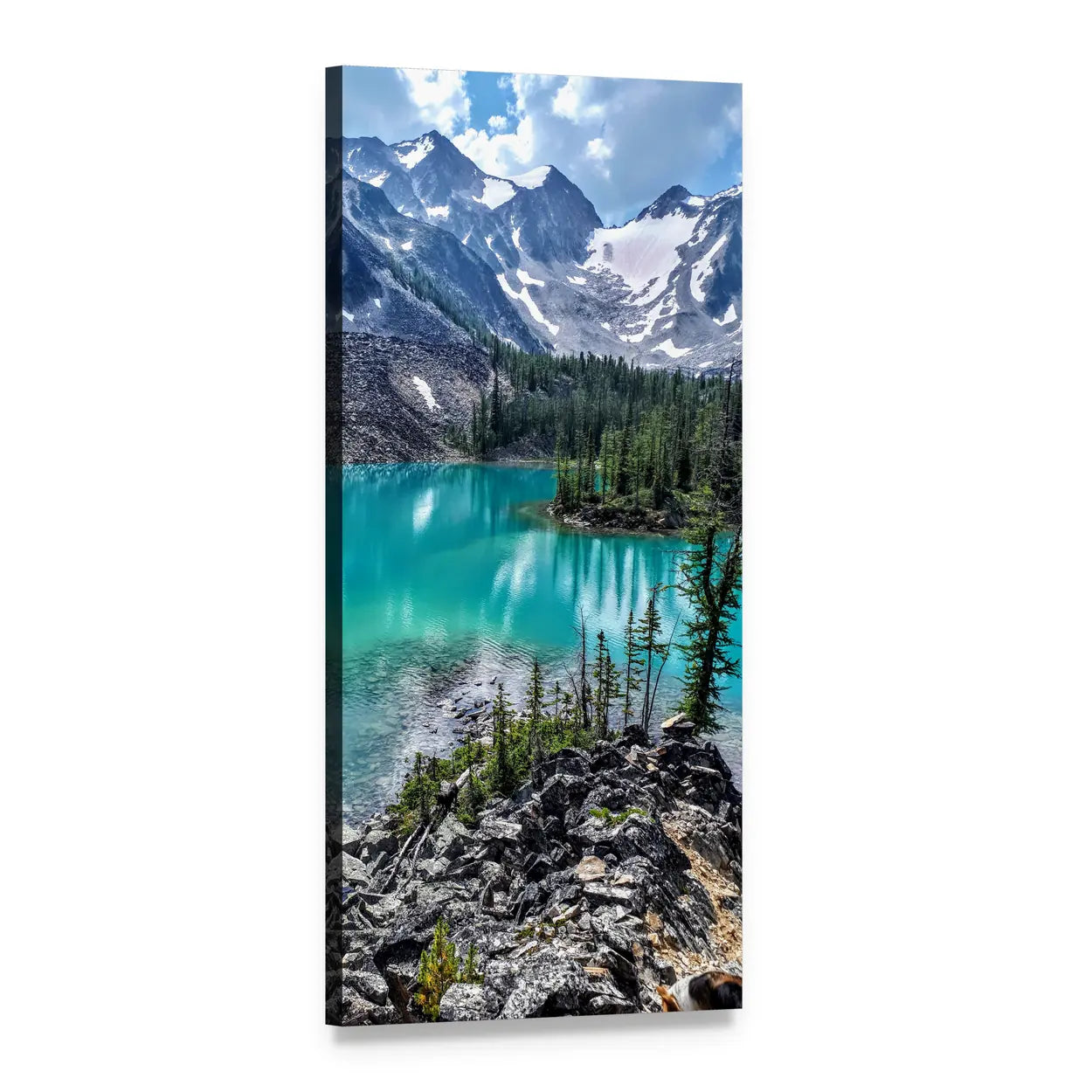 Lake Tahoe Turquoise Shoreline Vertical Canvas Wall Art, 1 panel 1 Vertical layout gallery wrapped canvas set, angled product view