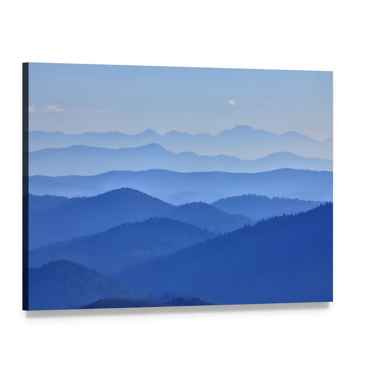 Misty Mountain Valley with Moon Canvas Wall Art, single panel gallery wrapped canvas, angled product view