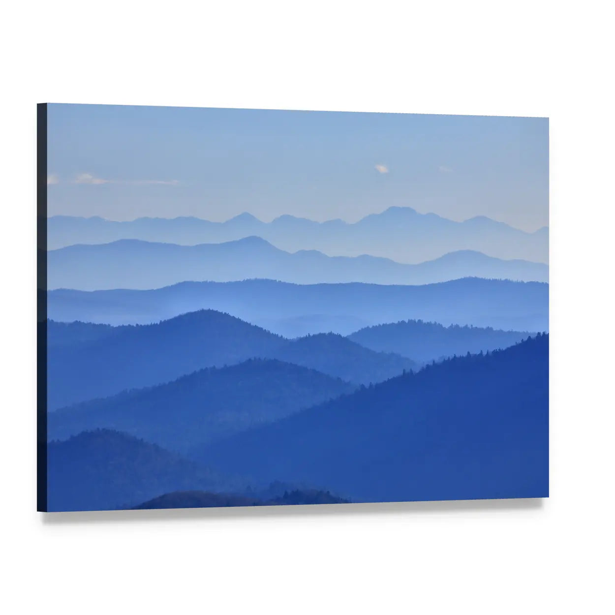 Misty Mountain Valley with Moon Canvas Wall Art, single panel gallery wrapped canvas, angled product view