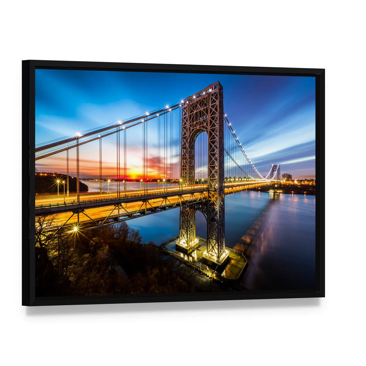 George Washington Bridge at Dusk Canvas Wall Art, framed canvas in a black floater frame, angled product view