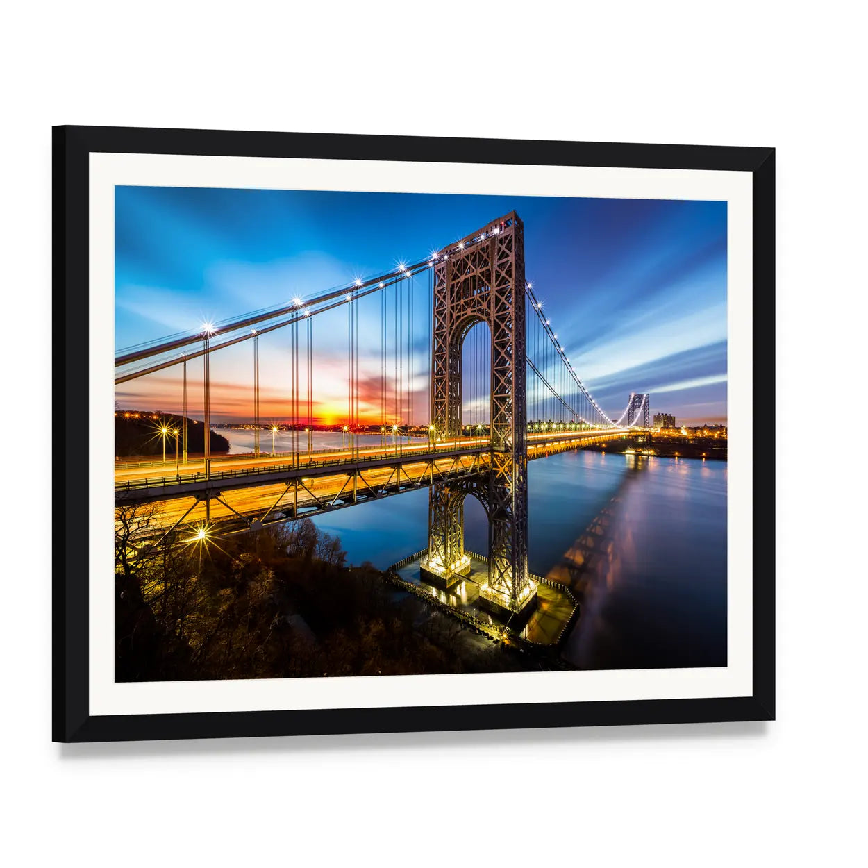 George Washington Bridge at Dusk Canvas Wall Art, framed print with white mat and black frame, angled product view