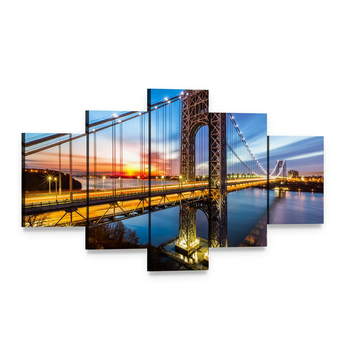 George Washington Bridge at Dusk Canvas Wall Art, 5 panel 5 Star layout gallery wrapped canvas set, angled product view