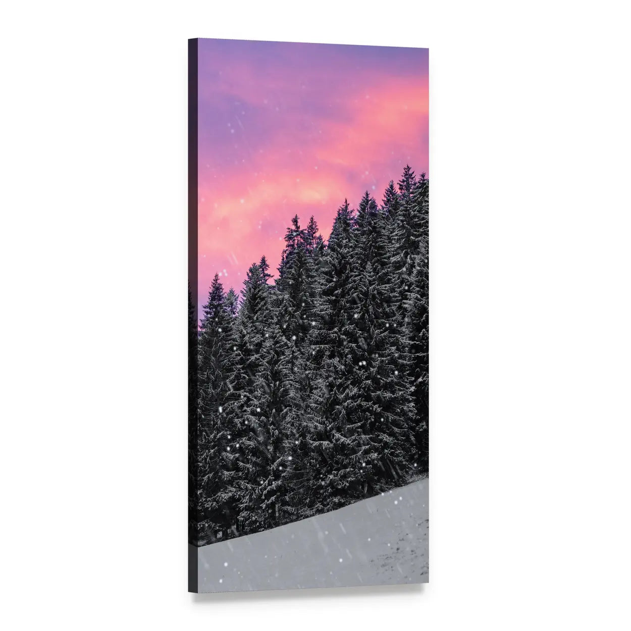 Snowy Forest at Pink Dusk Vertical Canvas Wall Art, 1 panel 1 Vertical layout gallery wrapped canvas set, angled product view