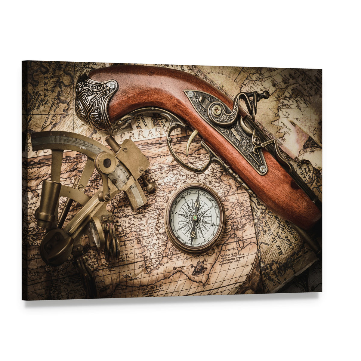 Vintage Still Life with Compass and Sextant Canvas Wall Art, single panel gallery wrapped canvas, angled product view