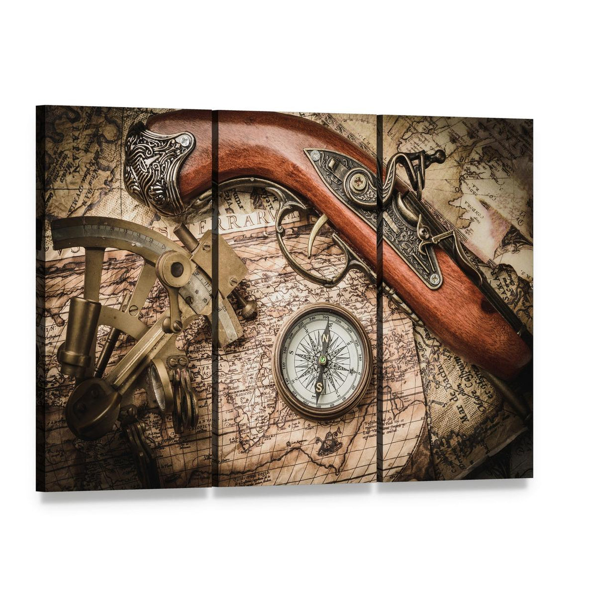 Vintage Still Life with Compass and Sextant Canvas Wall Art, 3 panel 3 Horizontal layout gallery wrapped canvas set, angled product view