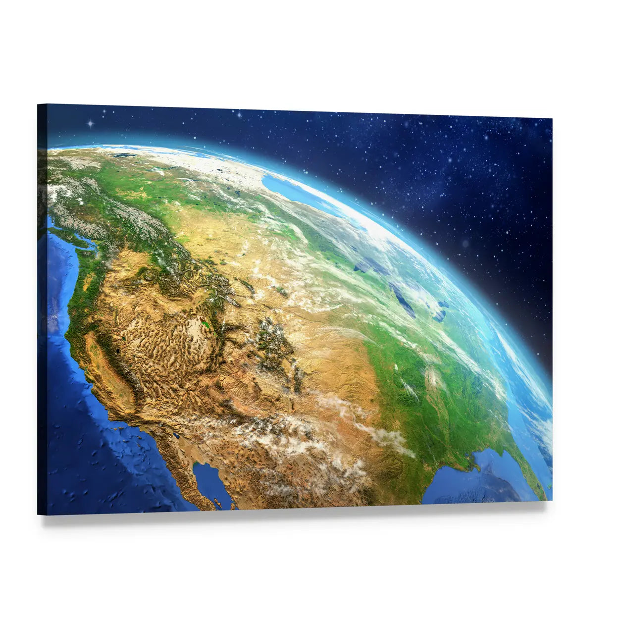 Earth from Space Illustration Canvas Wall Art, single panel gallery wrapped canvas, angled product view