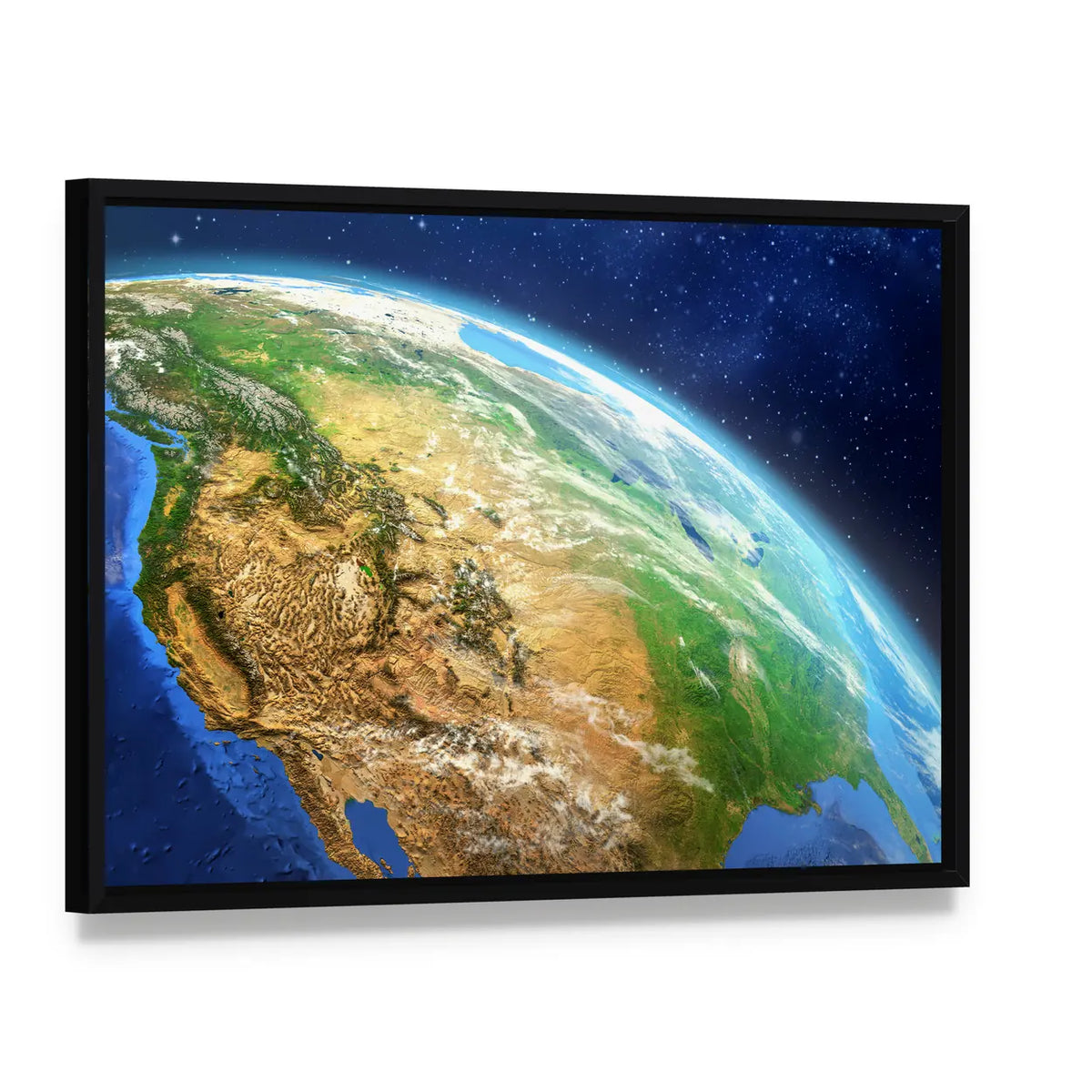 Earth from Space Illustration Canvas Wall Art, framed canvas in a black floater frame, angled product view