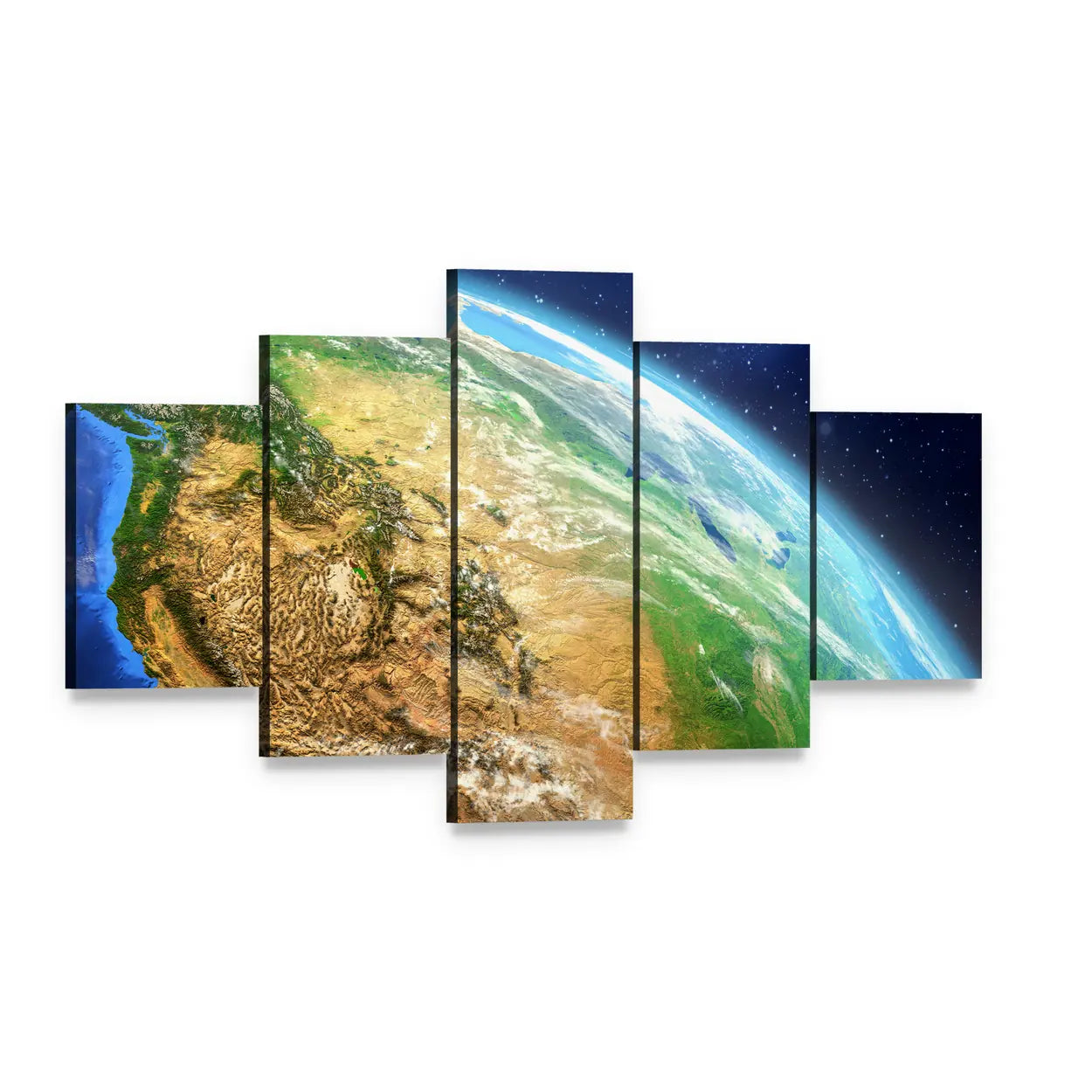 Earth from Space Illustration Canvas Wall Art, 5 panel 5 Star layout gallery wrapped canvas set, angled product view