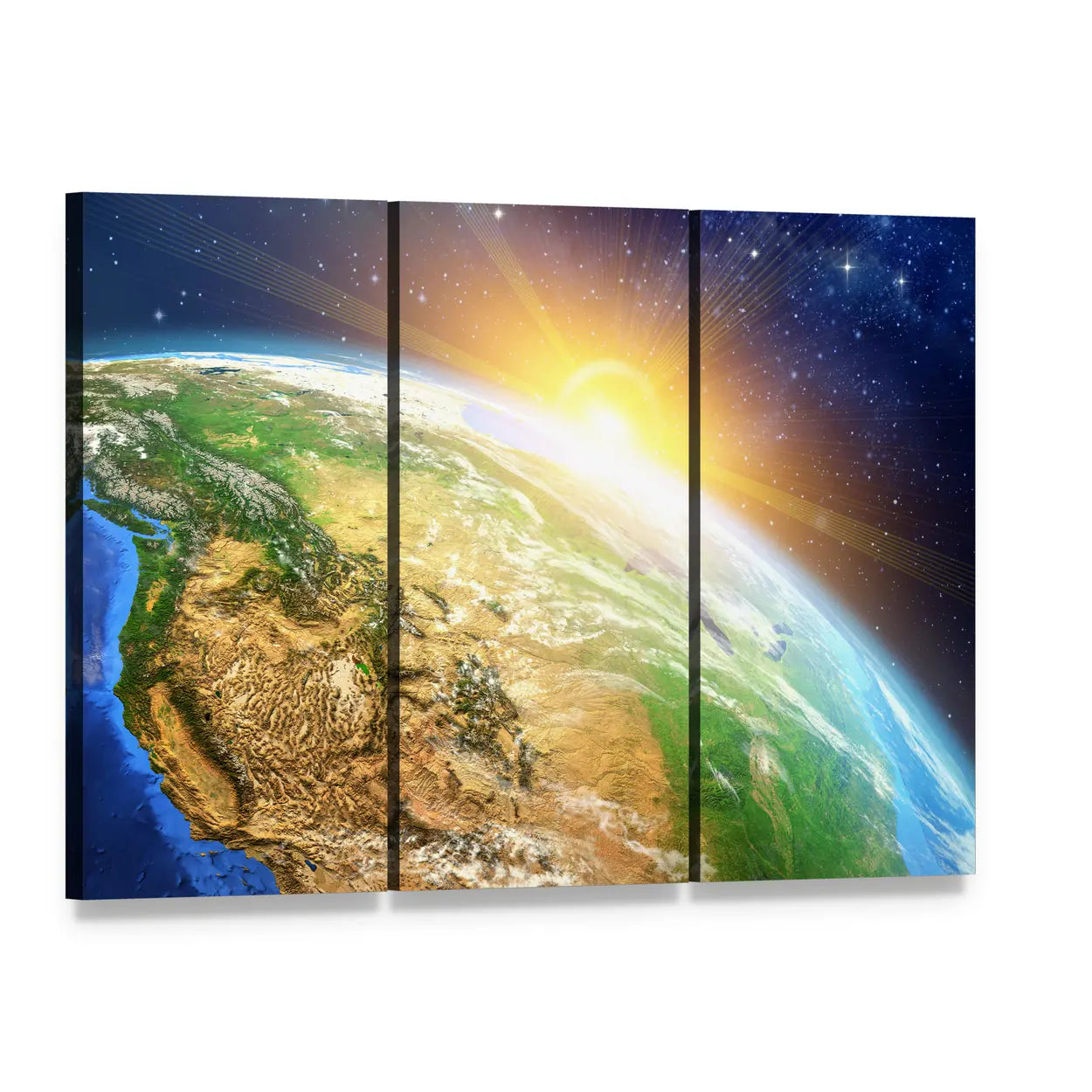 Sunrise Over the Earth Canvas Wall Art, 3 panel 3 Horizontal layout gallery wrapped canvas set, angled product view