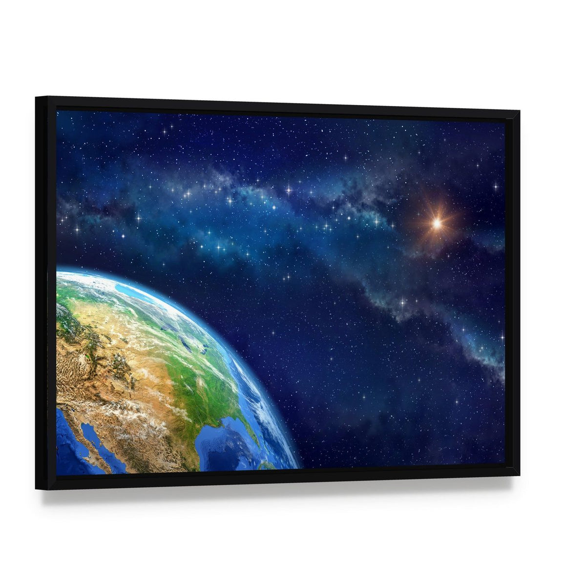 Earth from Space Canvas Wall Art, framed canvas in a black floater frame, angled product view