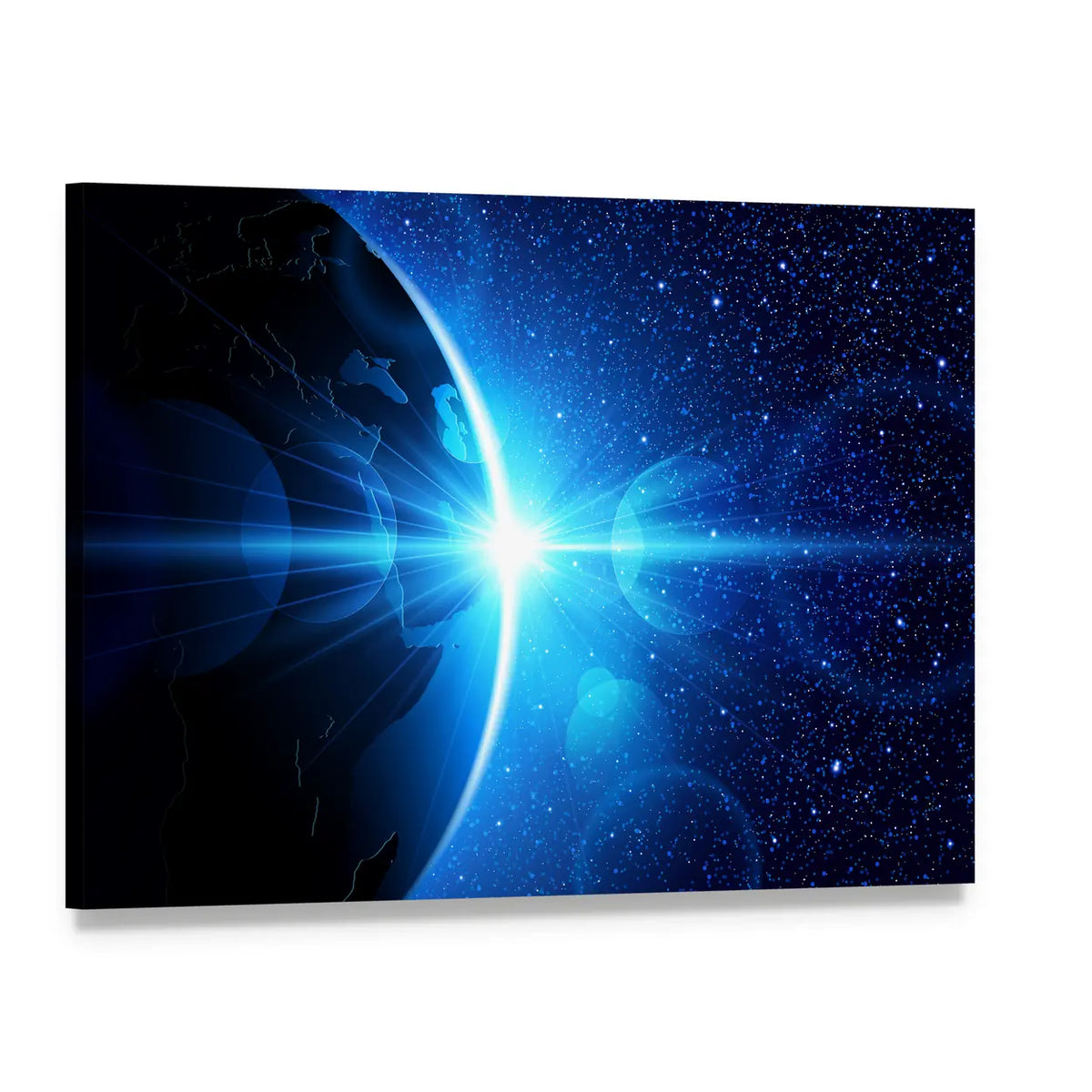 Planet Earth with Sunrise in Space Canvas Wall Art, single panel gallery wrapped canvas, angled product view