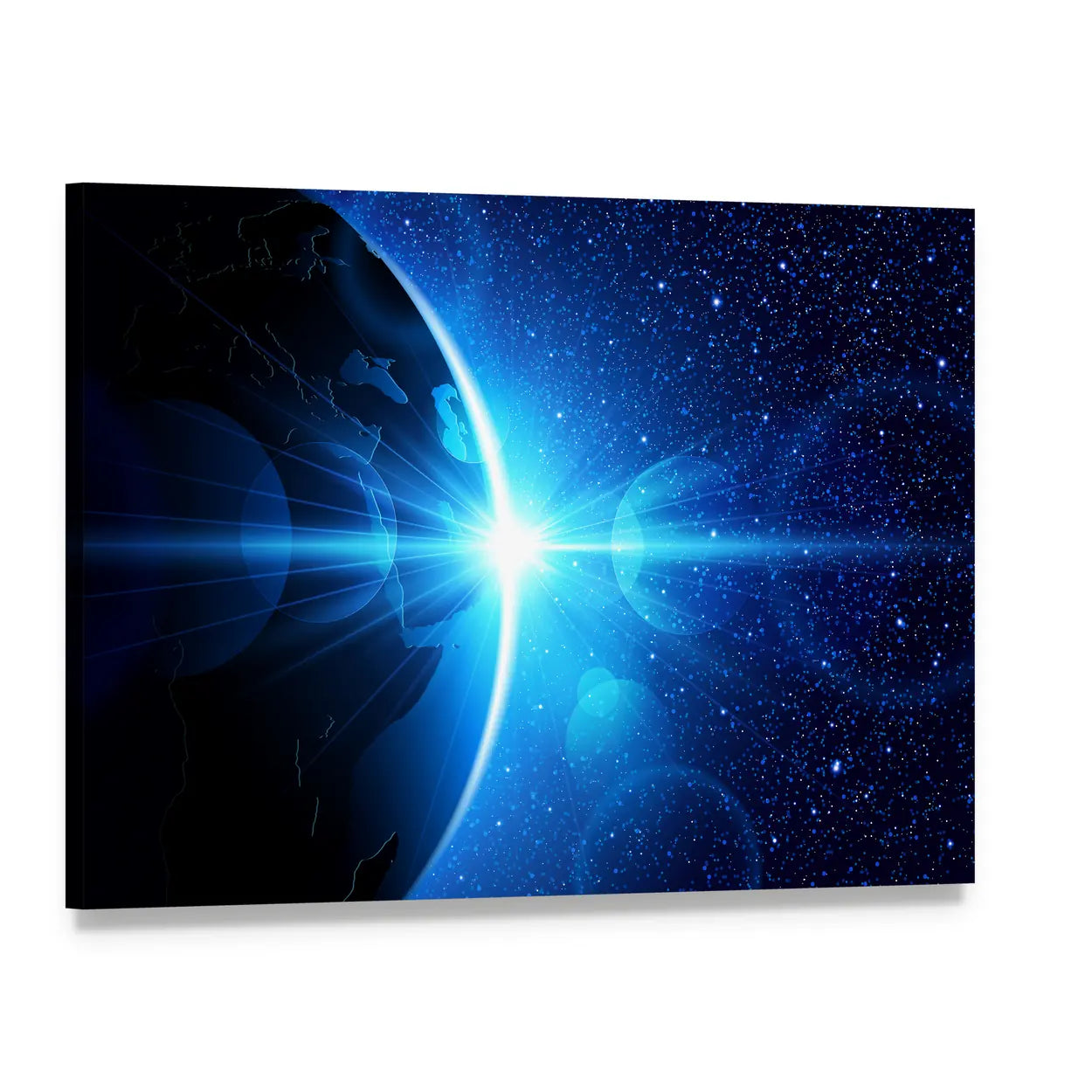 Planet Earth at Orbital Sunrise Canvas Wall Art, single panel gallery wrapped canvas, angled product view