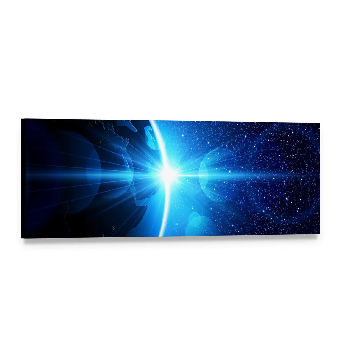 Earth Sunrise from Orbit Panoramic Canvas Wall Art, single panel gallery wrapped canvas, angled product view