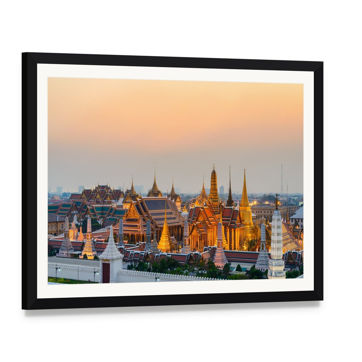 Majestic Grand Palace in Bangkok Canvas Wall Art, framed print with white mat and black frame, angled product view