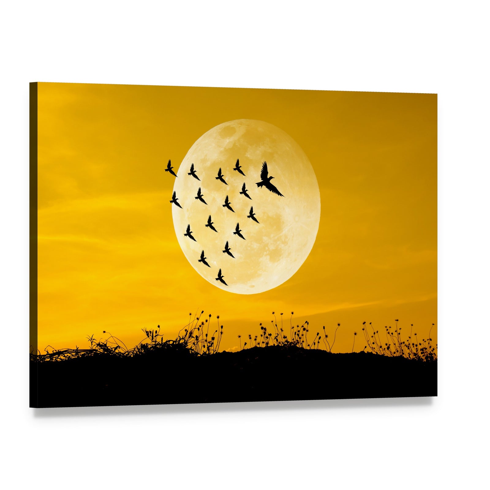 Moon and Birds Silhouettes Canvas Wall Art, single panel gallery wrapped canvas, angled product view