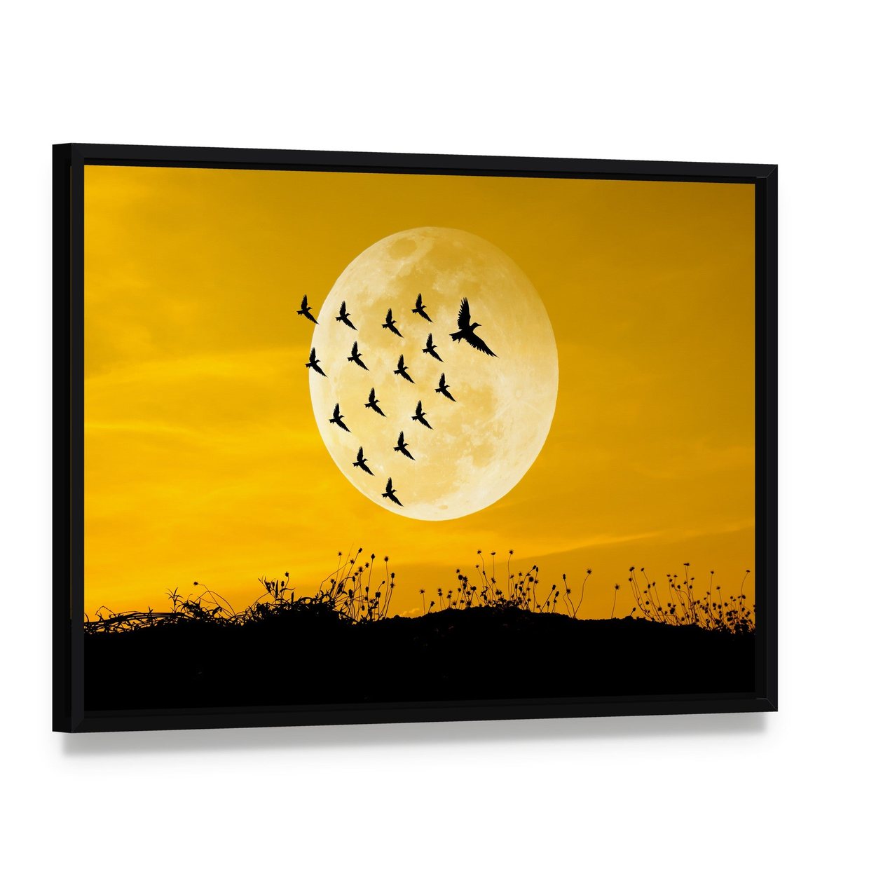 Moon and Birds Silhouettes Canvas Wall Art, framed canvas in a black floater frame, angled product view