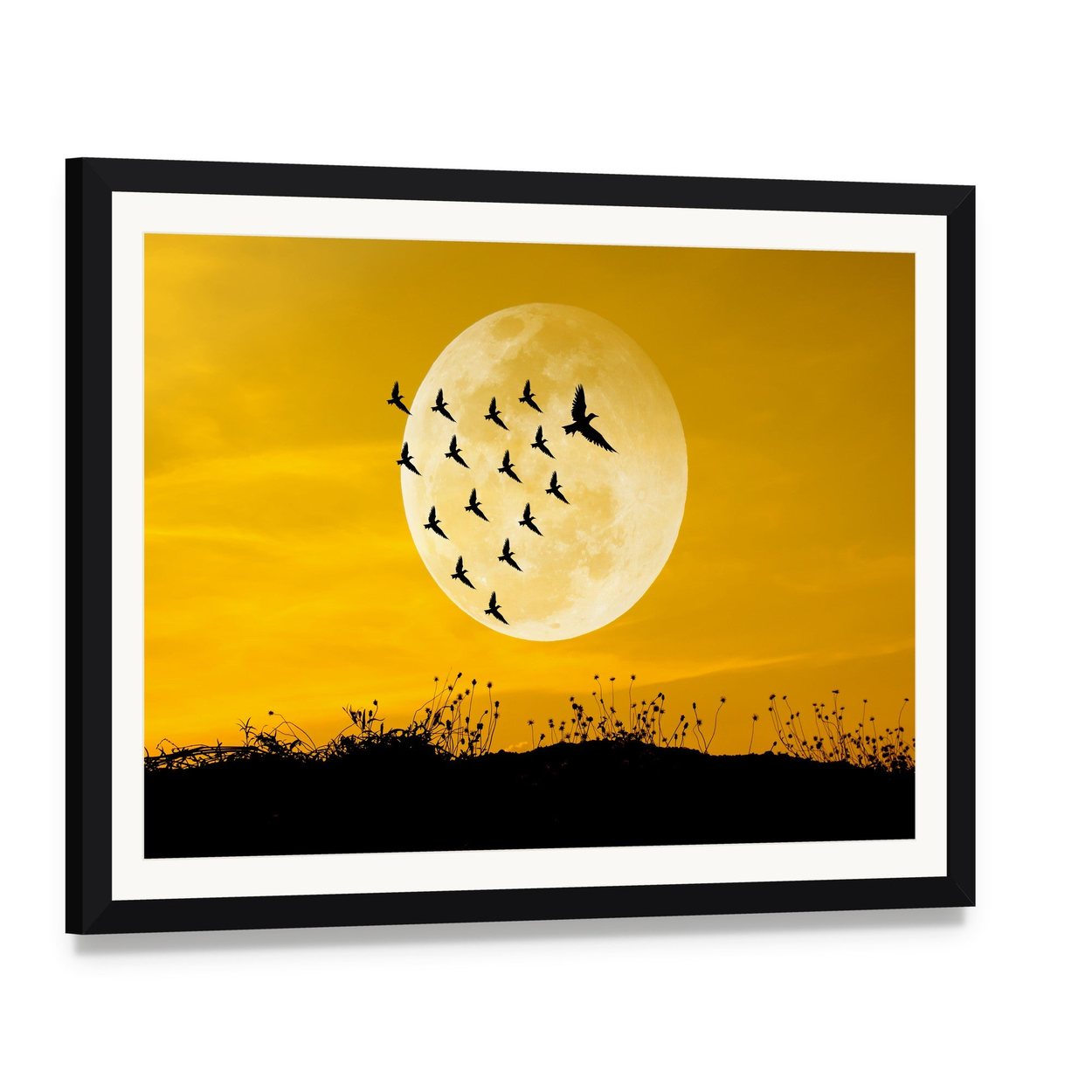 Moon and Birds Silhouettes Canvas Wall Art, framed print with white mat and black frame, angled product view