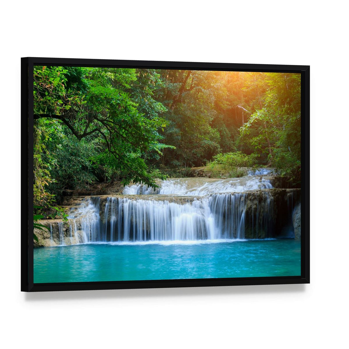Stream in Green Forest Canvas Wall Art, framed canvas in a black floater frame, angled product view