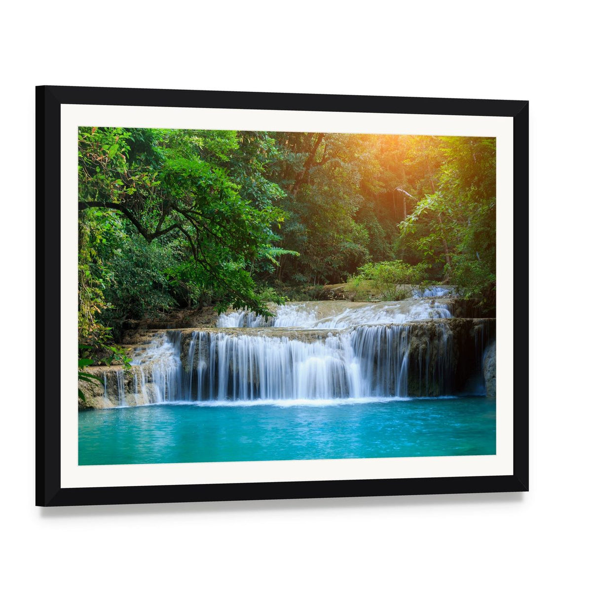 Stream in Green Forest Canvas Wall Art, framed print with white mat and black frame, angled product view