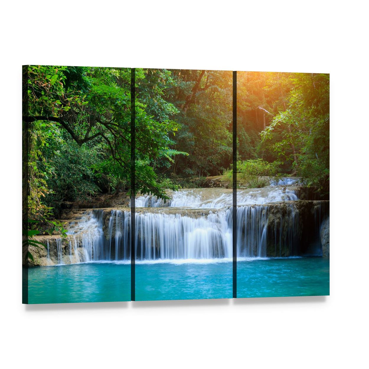 Stream in Green Forest Canvas Wall Art, 3 panel 3 Horizontal layout gallery wrapped canvas set, angled product view