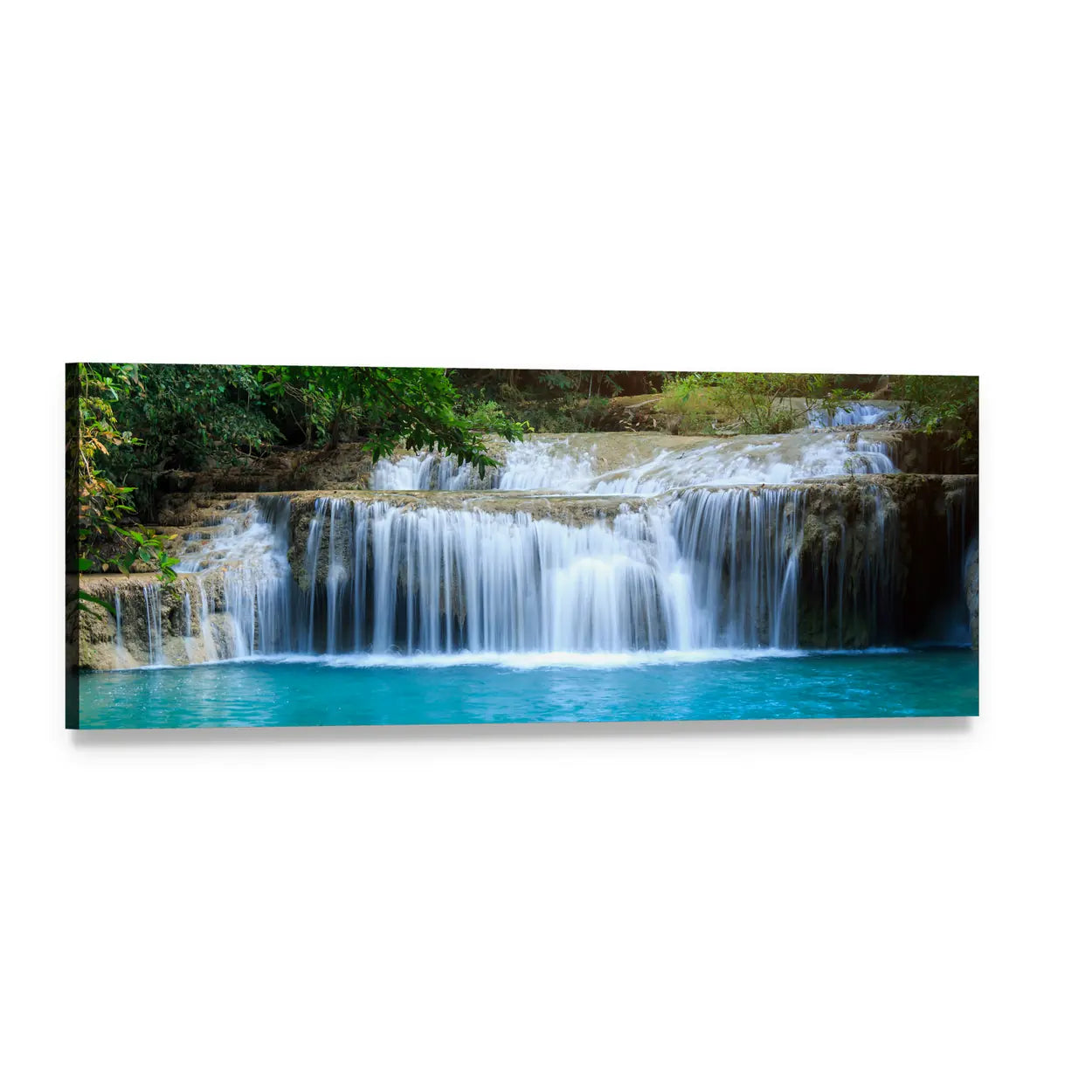 Silky Waterfall and Turquoise Pool Panoramic Canvas Wall Art, single panel gallery wrapped canvas, angled product view