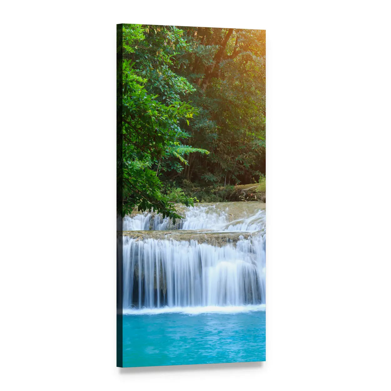 Tiered Limestone Waterfall in Green Forest Vertical Canvas Wall Art, 1 panel 1 Vertical layout gallery wrapped canvas set, angled product view