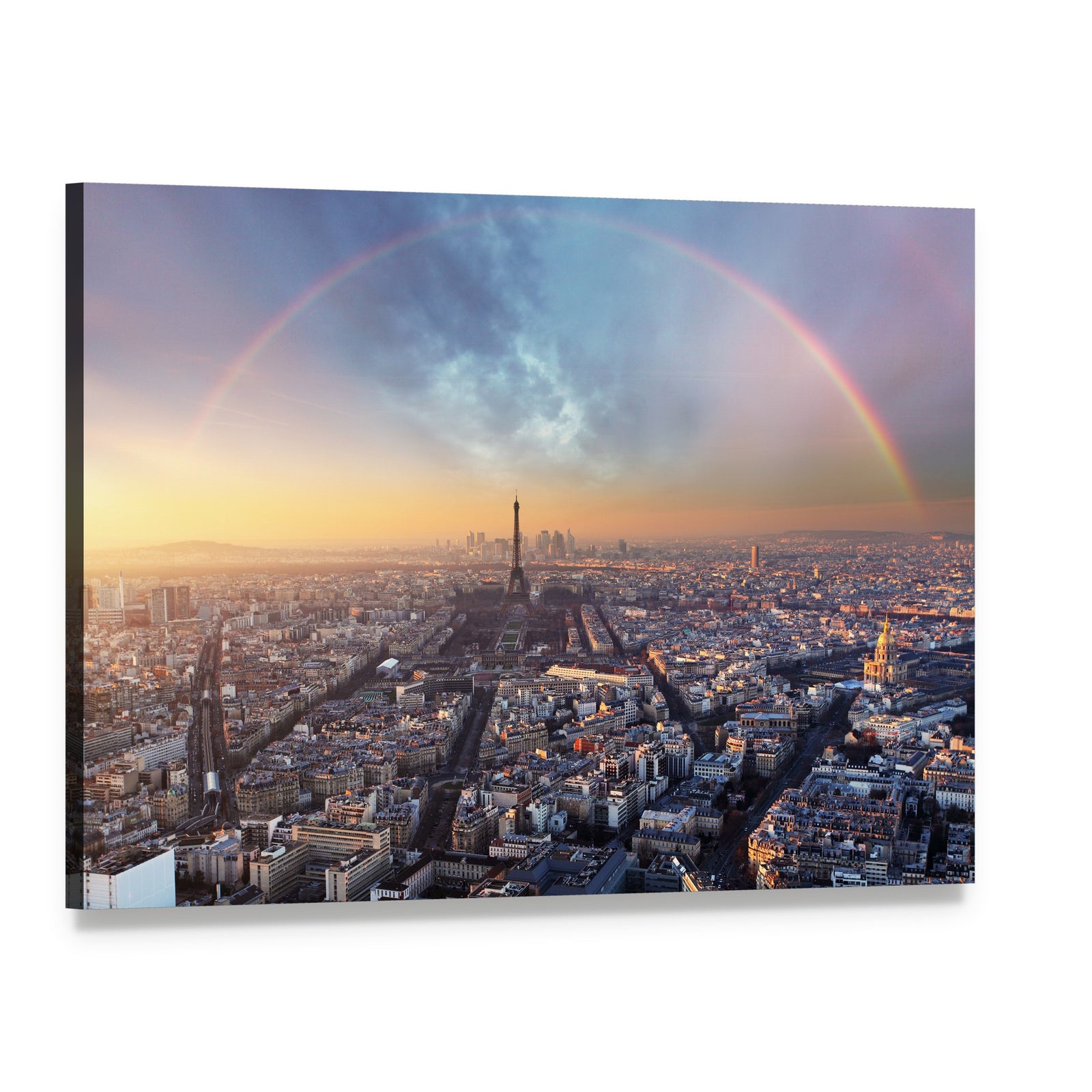 Paris with Rainbow Skyline Canvas Wall Art, single panel gallery wrapped canvas, angled product view