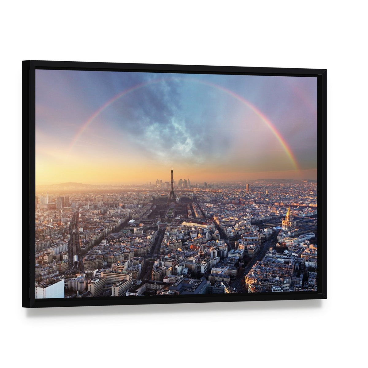 Paris with Rainbow Skyline Canvas Wall Art, framed canvas in a black floater frame, angled product view
