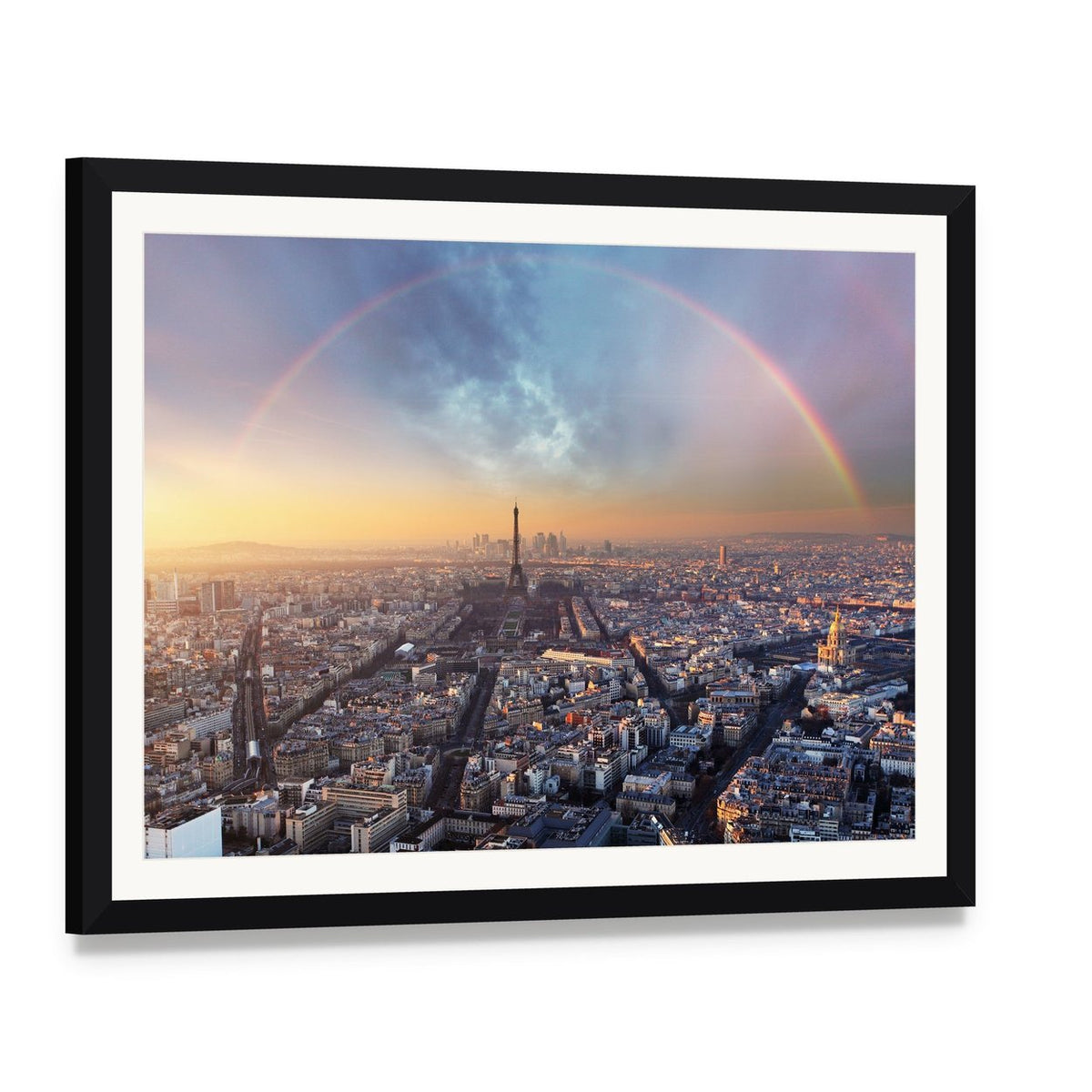 Paris with Rainbow Skyline Canvas Wall Art, framed print with white mat and black frame, angled product view