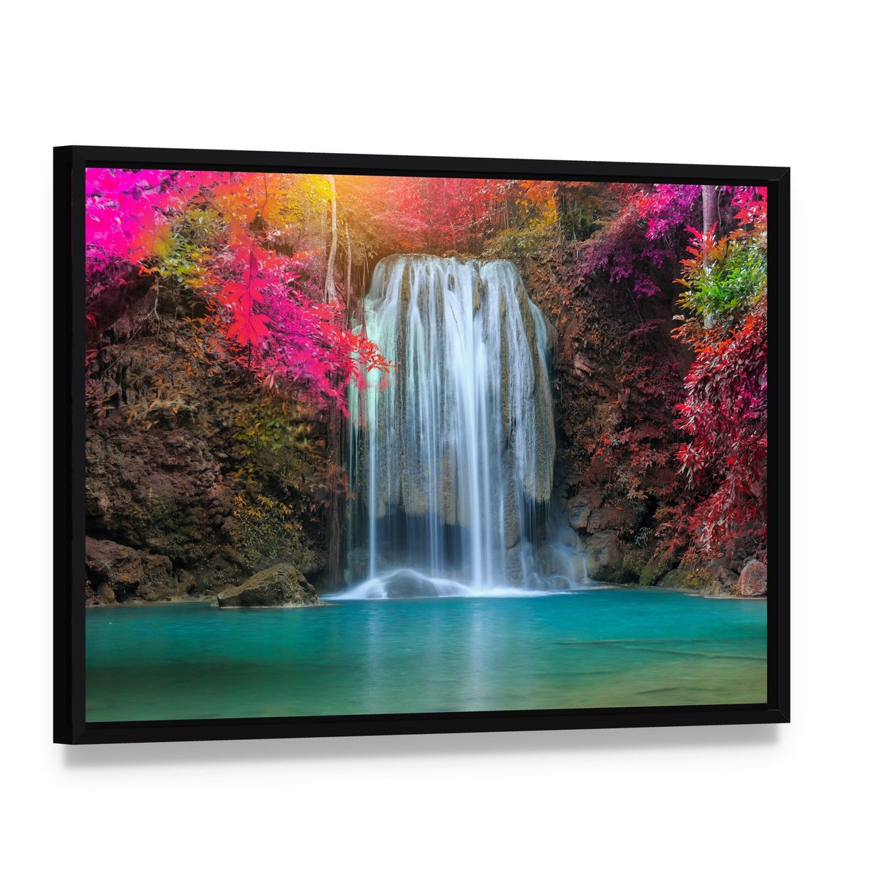 Waterfall at Colorful Place Canvas Wall Art, framed canvas in a black floater frame, angled product view